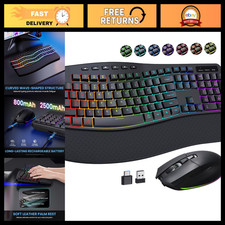 Ergonomic RGB Wireless Keyboard  Mouse Combo, Silent Rechargeable, Wave Design