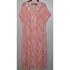 H by Halston Shirt Dress Size L Side Slits Hidden Buttons Sheer Cream & Coral