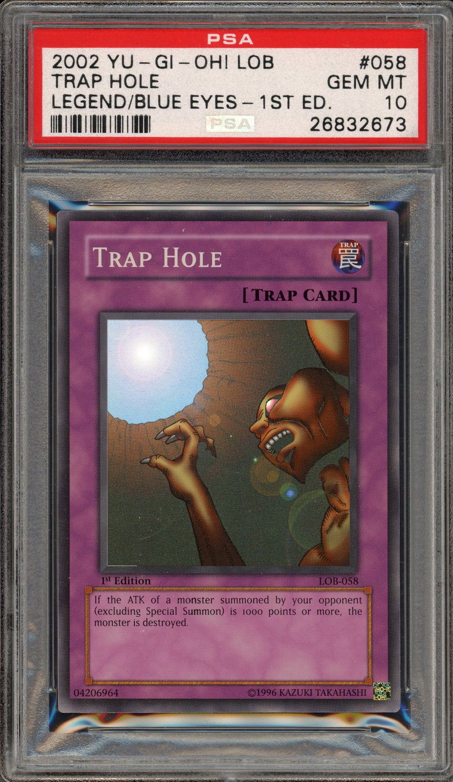 Yu-Gi-Oh! Trap Hole Legend of Blue Eyes 1st Edition Super Rare LOB-058 PSA 10