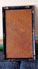 Japanese Vintage Woven Bamboo & Black & Gold Lacquered Tray Art Deco