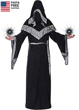 Mens Halloween Costume Hooded Sorcerer Robe, Medieval Vintage Renaissance Wizard