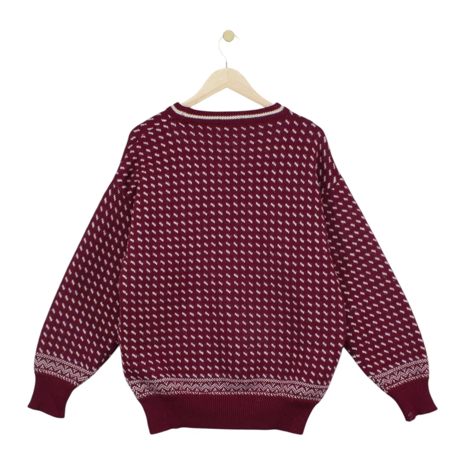 Vintage Boston Traders Jumper Mens Size L Maroon Patterned Pure Wool - Image 2 of 4
