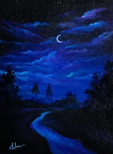 "Gothic Night" ACEO Original Acrylic Painting Vintage Moonlight Art Signed ATC