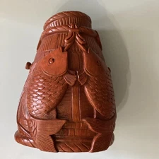 VTG Decorative Chinese Hand Carved Bamboo Jar Vase Fish Basket Design Art