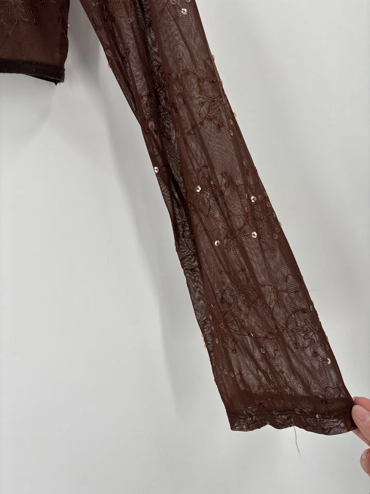 Chaqueta Bolero Mujer Vintage Años 90 Pequeña Marrón Transparente Lentejuelas Floral Bordada Foto 2 de 4