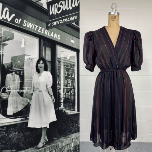 Vintage 80s Sheer Black And Red Stripe Midi Wrap Dress Puff Short Sleeves 4 S