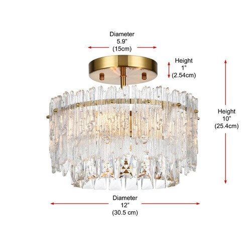 Crystal Chandelier Flush Mount Satin Gold Dining Room Foyer Light Fixture 12" - Picture 9 of 10