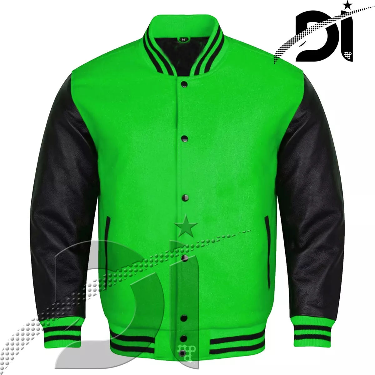 Varsity K. Green Letterman Baseball Wool & Black Real Leather Sleeves  Jacket