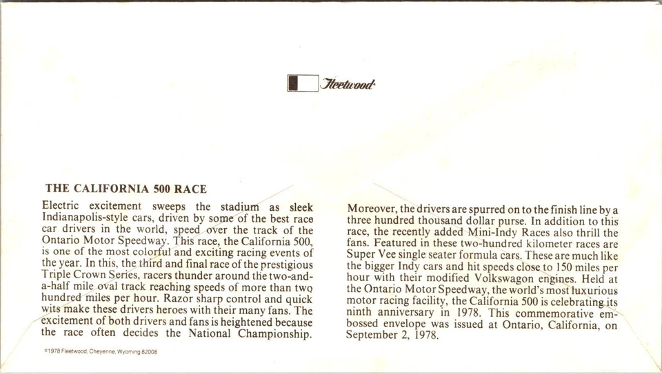 FDC 1978 SC #U587-U134 Auto Racing Cachet - Ontario, CA - Single - F61895 - Image 2 of 2