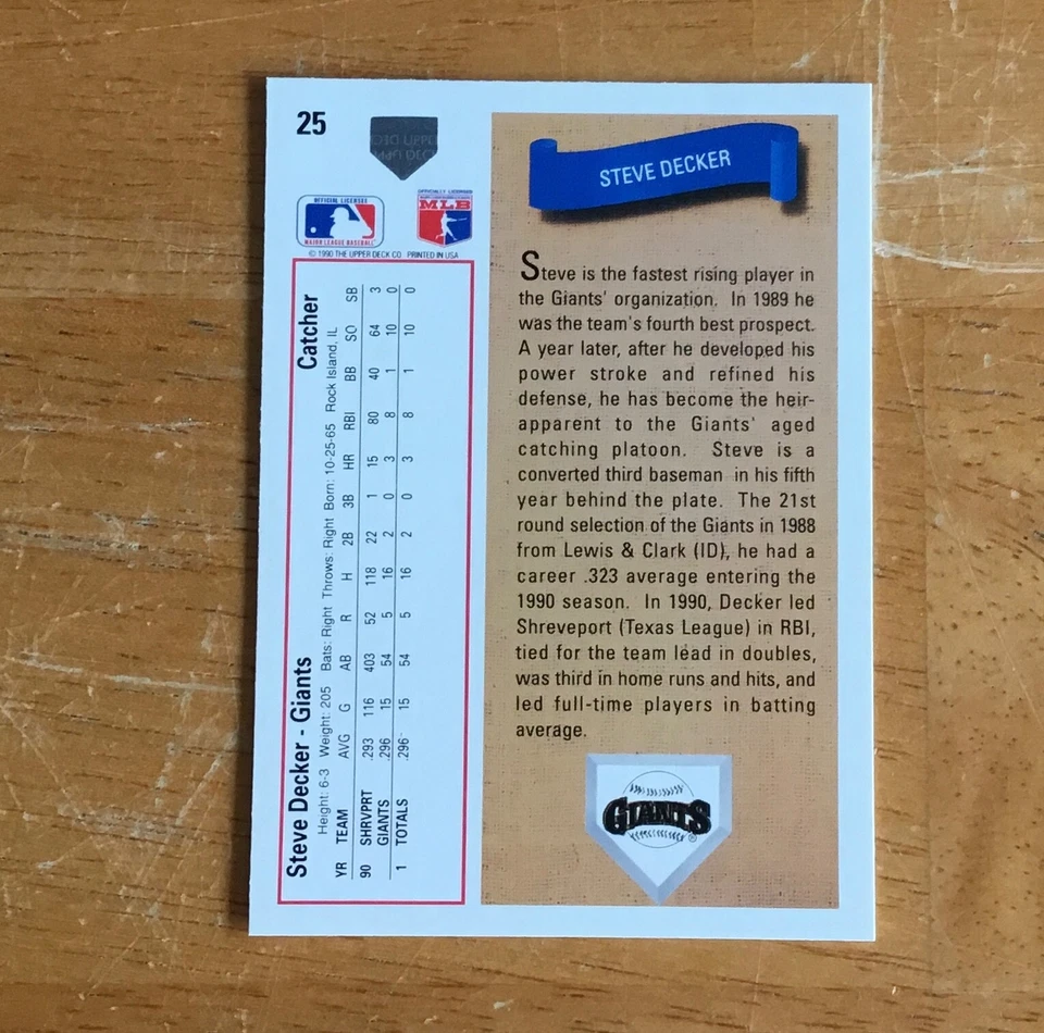 Steve Decker San Francisco Giants Signed Autograph 1991 Upper Deck Baseball Card - Image 2 of 2