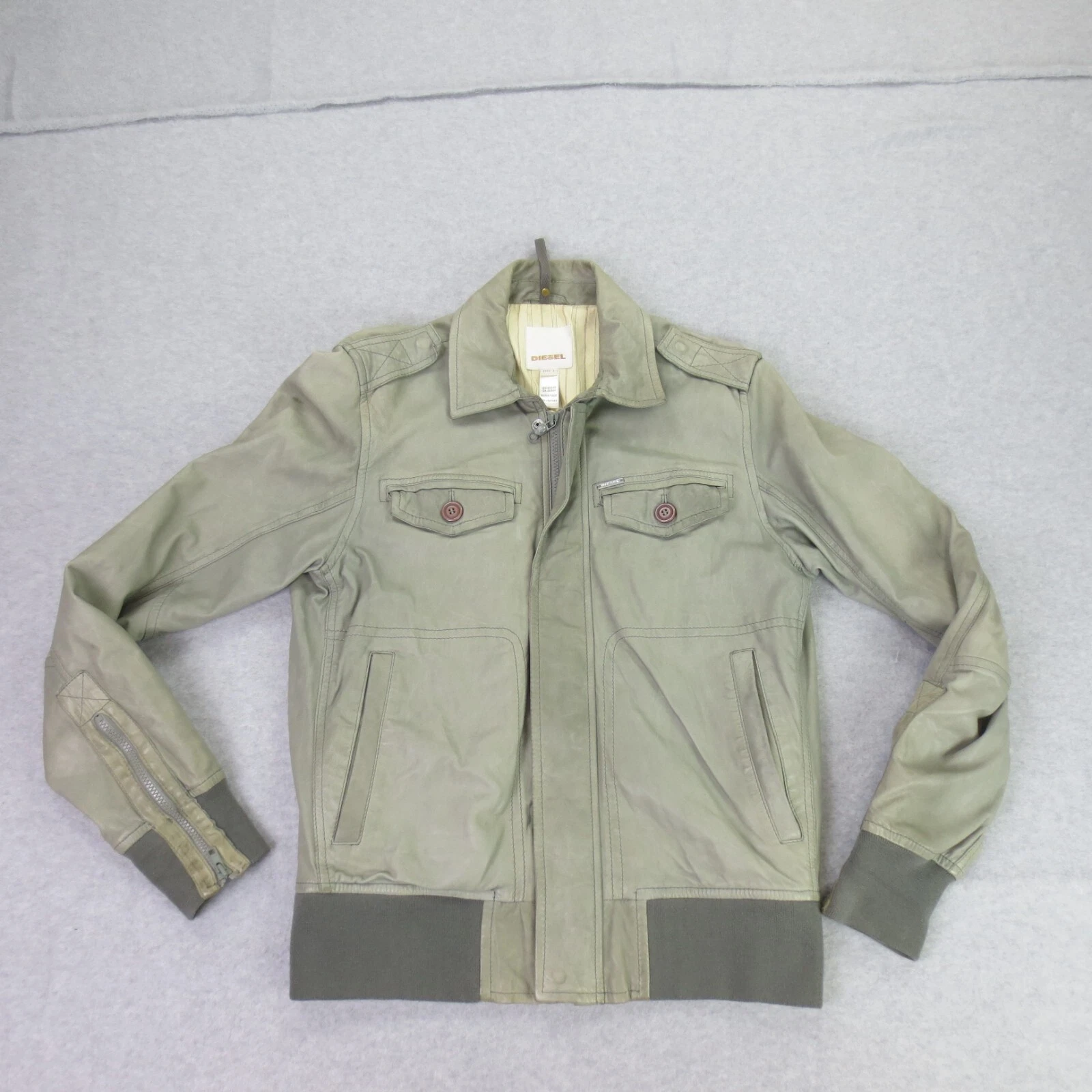 Diesel Jacket Mens Large Gray Lambskin Leather Full Zip Motorcycle Style Jacket