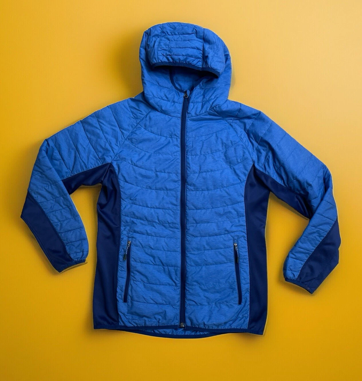 White Sierra Insulated Puffer Jacket Mens L Zipper Pockets Blue Zephyr Coat Hood