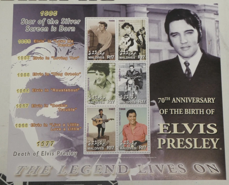 Hoja de 6 estampillas de recuerdo de Elvis Presley RF7 Maldivas 2005 #2869 70 cumpleaños Foto 2 de 4
