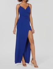 Emerald Sundae Juniors' Blue V-Neck High Slit Formal Evening Gown Size XXS