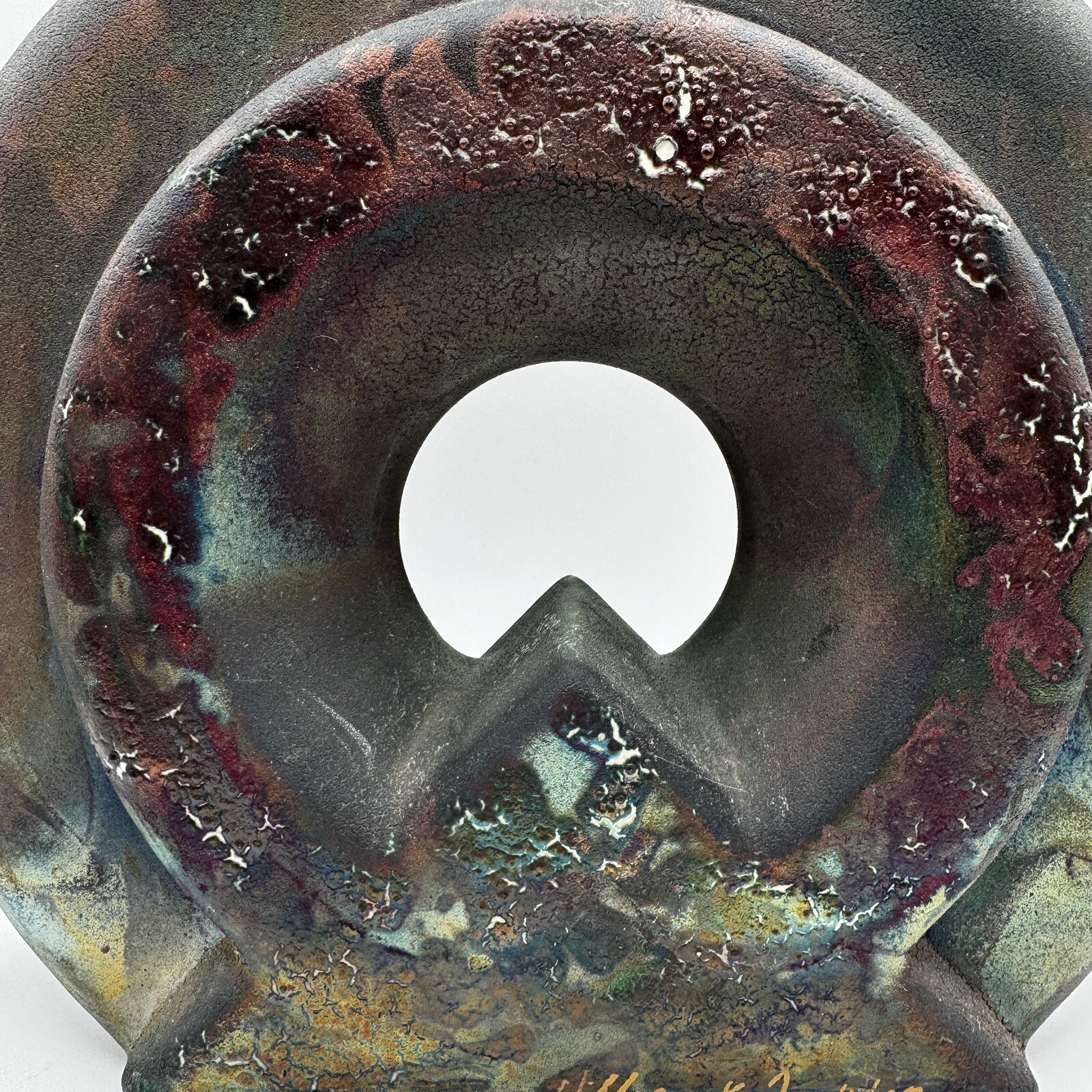 Signed William K Turner Studio Art Pottery Raku Round Iridescent Table Vase