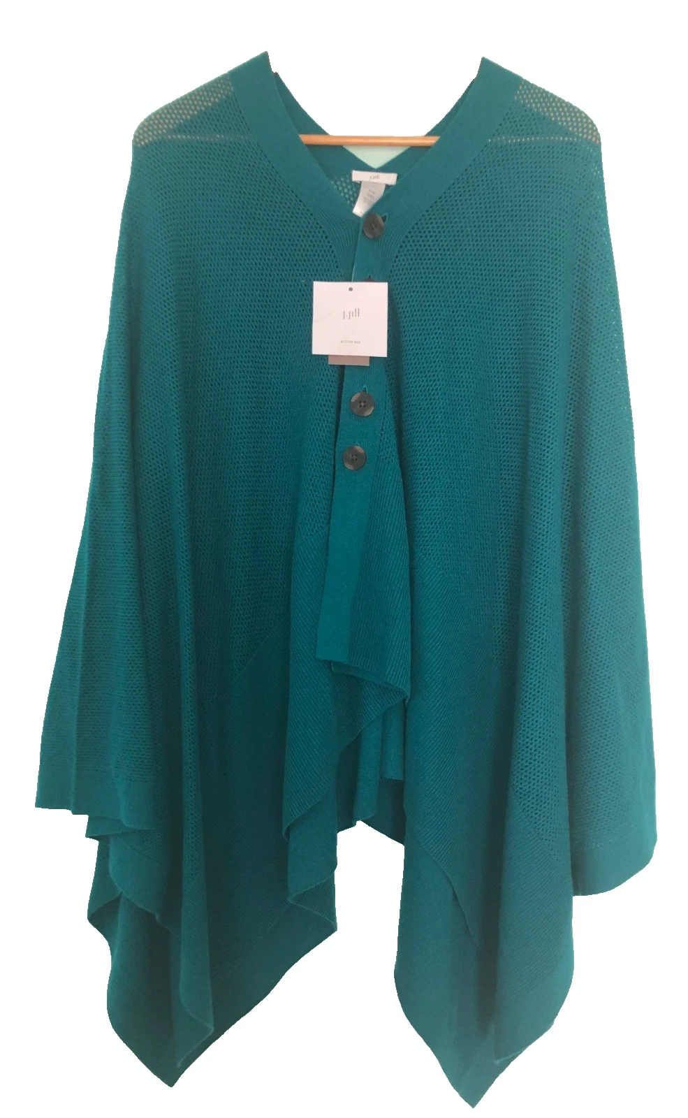 J Jill Poncho Cardigan Teal XL/3XL Open Front Mesh Knit Button Cotton Blend NEW