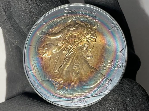 1999 American Silver Eagle 1oz MONSTER Bullseye 🎯 🌈 Toning Toned Toner Rainbow