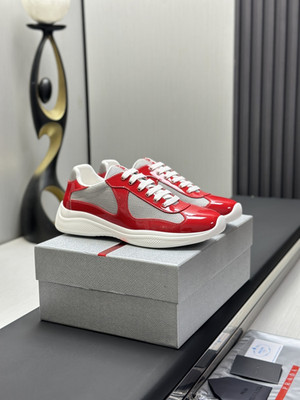 Prada America's Cup Men Red Patent Leather Grey Mesh Low Top Casual Shoes