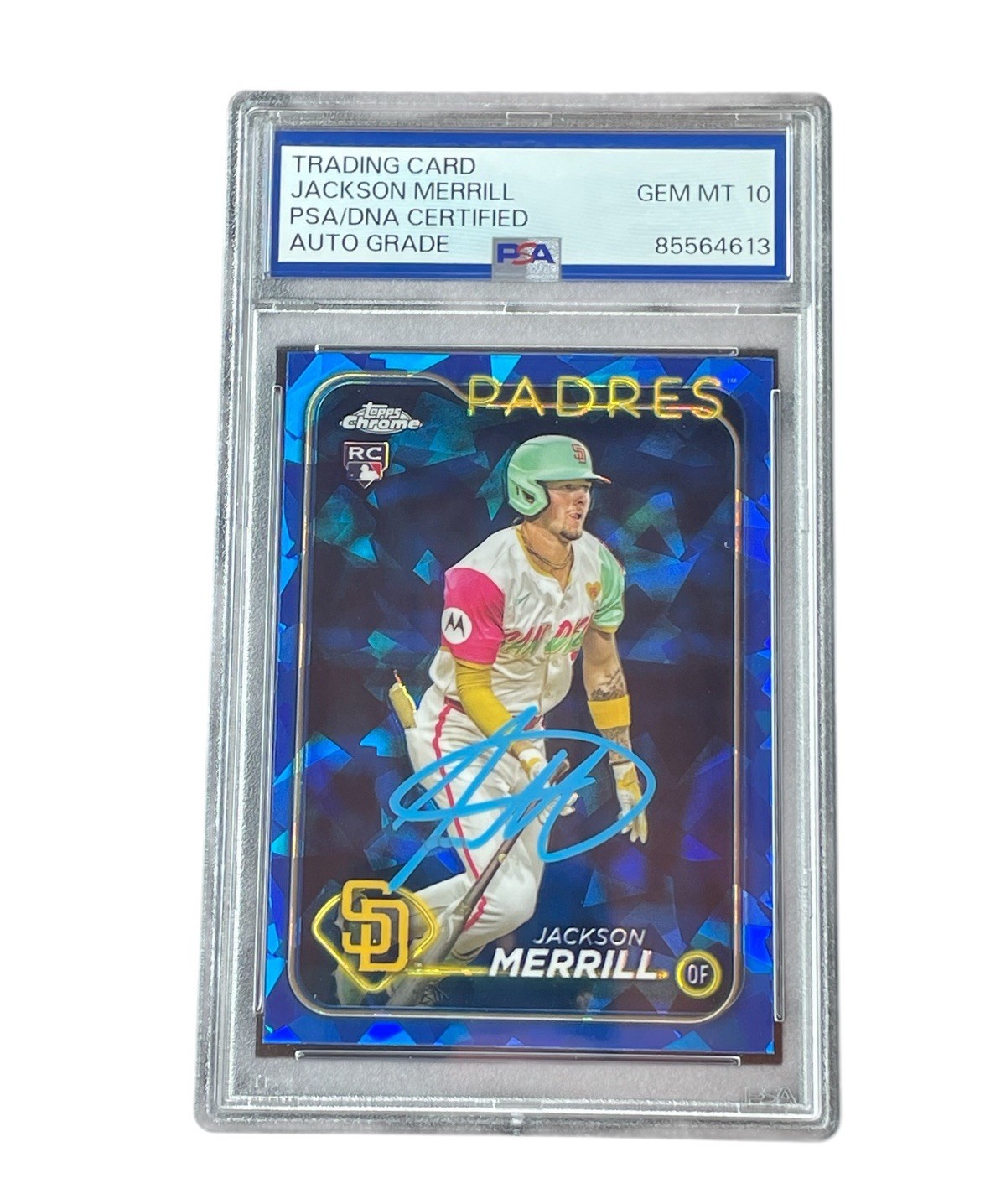 Jackson Merrill Signed Card 2024 Topps Chrome Update Sapphire Auto - PSA 10 view 1
