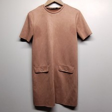Zara Mini Dress Women Size S Brown Faux Suede Short Sleeve Feminine Casual