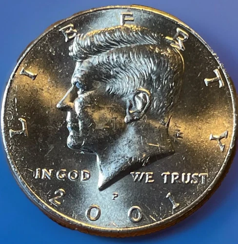 2001-P Kennedy Half Dollar NIFC. Lightly Circulated. MS/AU. Stock Photo. KHD-43