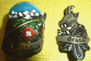 2 Vintage WALKING STICK BADGES Interlaken & Brand new brass coloured pins