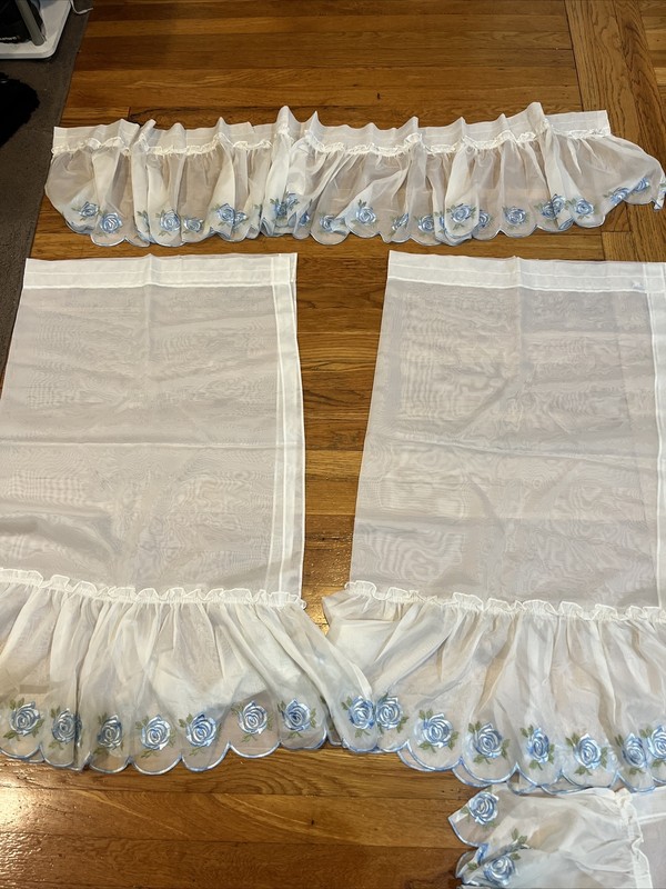 Vintage White Sheer Curtains Blue Flowers.  4 Panels 2 Valances 