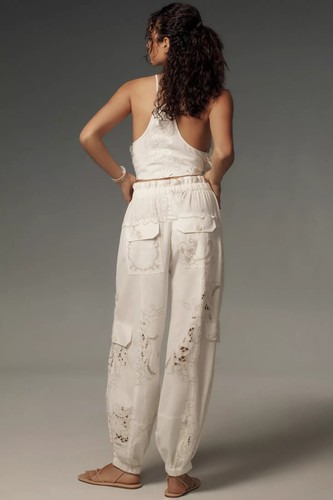 By Anthropologie Embroidered Linen Pull-On Joggers SIZE S white new witht ag - 第 3/8 張圖片