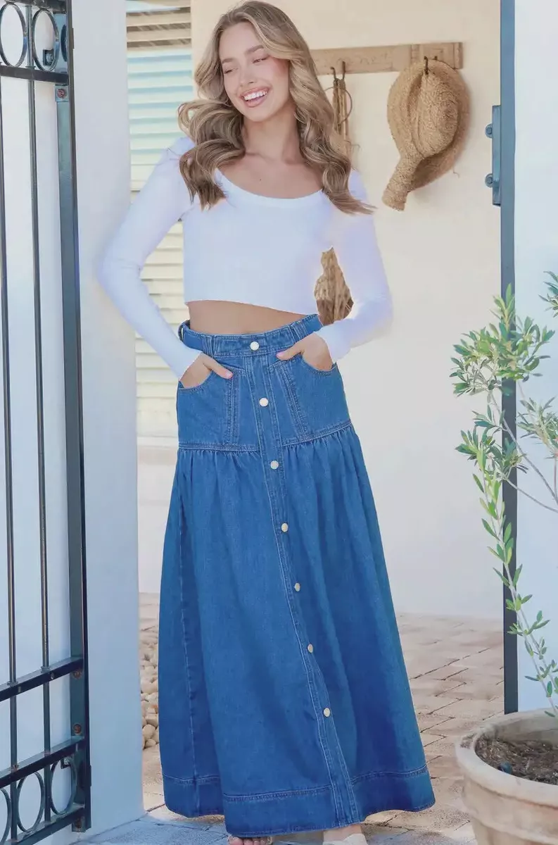 New Women s Kentucky Denim Button Front Maxi Skirt Country Denim