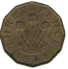 1938 George VI Threepence Coin – Brass 12-Sided Pre-Decimal British Collectable