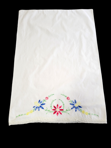 Vintage Baumwolle Kissenbezug Handbestickt Rot Blau Blumen Häkelborte 20"x29" - Bild 3 von 9