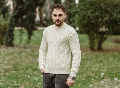 SAOL 100% Virgin Wool Irish Men's Wool Sweater Cable Knit Fisherman Pullover