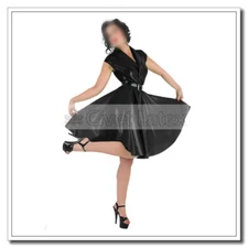 Latex Dress Tend Mid Length Pleated Skirt V Neck Front Snap Button Customize D39
