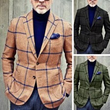 Men's Plaid Jacket Single Breasted Blazer Nothed Lapel Checked Coat for Wedding