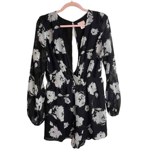 Love…Ady Black and White Floral Long Sleeve Romper - image 1