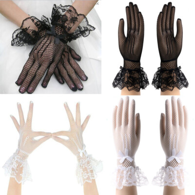 Lady Women Lace Gloves Fishnet Bowknot Party Prom Wedding Bride Wrist Mittens US