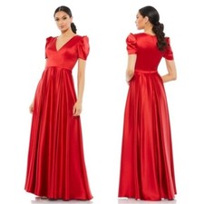 Mac Duggal Puff Sleeve V-Neck Ruby Red Satin Gown 26606