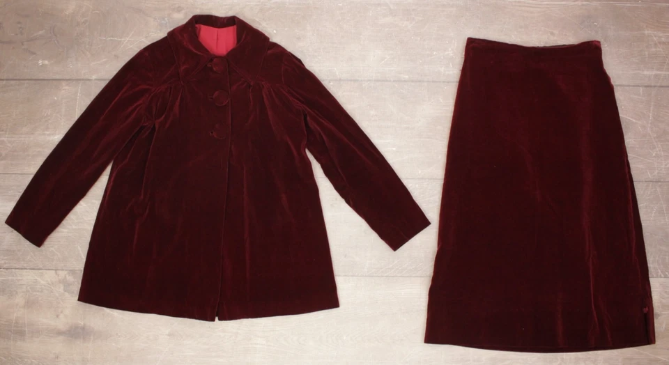 Conjunto de chaqueta y falda de terciopelo granate de 2 piezas antiguo de principios de 1900 para mujer de colección XS/S traje Foto 3 de 4
