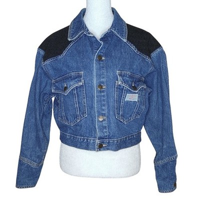 Vintage Lee Cooper 90s Cropped Denim Jacket Women's M Blue Black Faux Suede