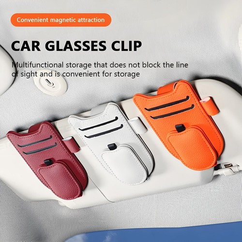 Luxury Leather Car Sun Visor Glasses Holder Magnetic Eyeglasses Hanger Clip - Picture 2 of 12