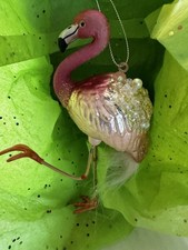 Pink Flamingo Blown Glass  Metal Ornament 5.5" Glitter  Pearls Feathers