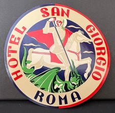 HOTEL SAN GIORGIO ROMA~LUGGAGE LABEL~ROME ITALY~KNIGHT IN ARMOR ON HORSE