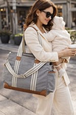 Pottery Barn Kids Classic Gray Canvas  Leather Diaper Tote Bag Organizer Purse