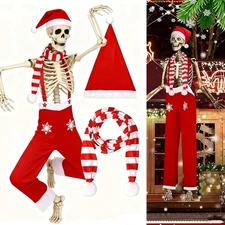 US~ 12 ft Skeleton Christmas Costume Set Giant Outfit Santa Hat Trousers Scarf