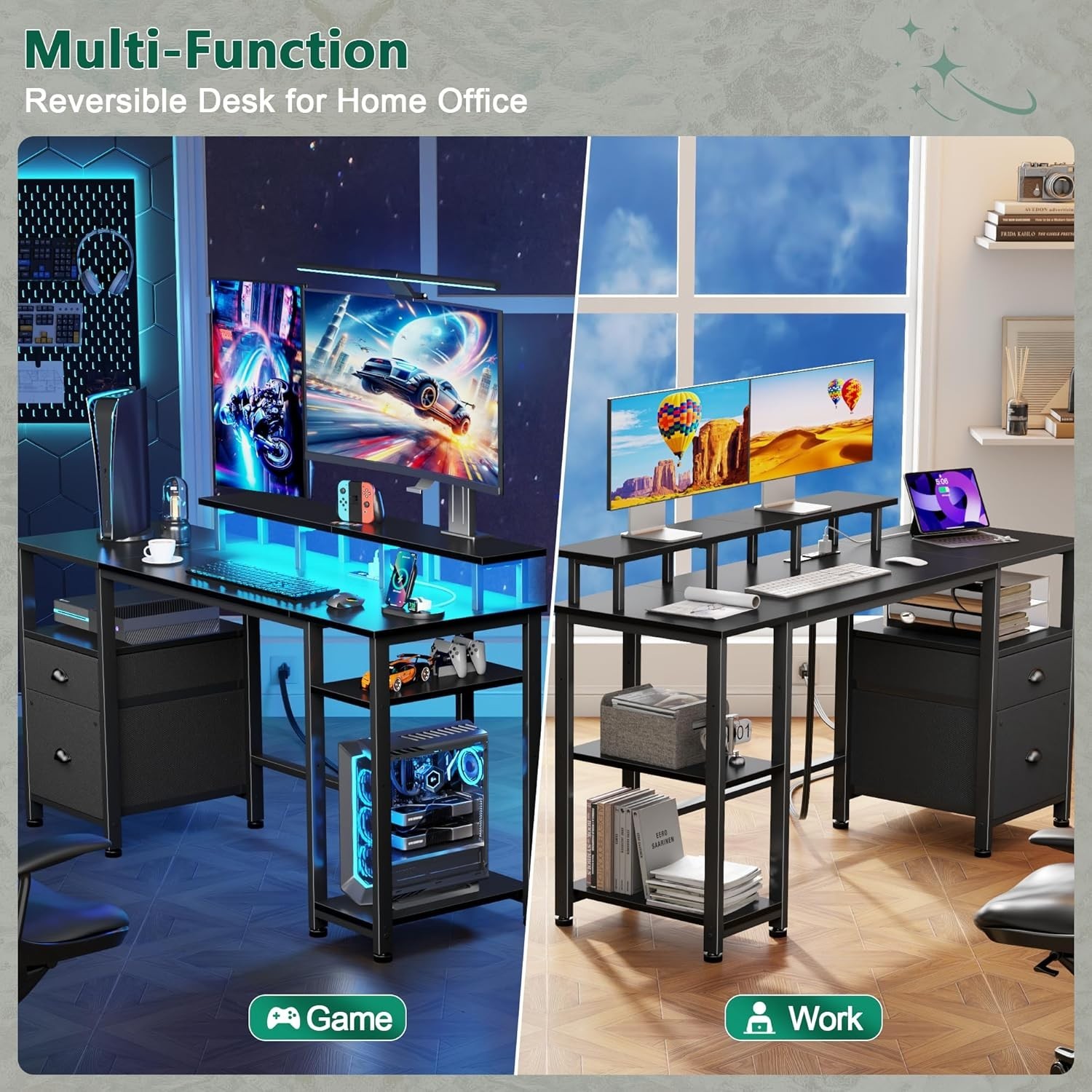 Black Gaming Desk with LED Lights and Power Outlets, 40 Inch Teen Writing Study