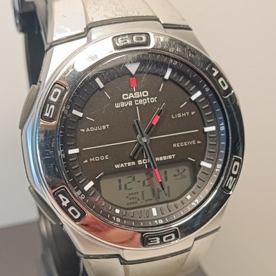 Casio Men s Wave Ceptor WVA-105 H-1 Black Dial Ama Digi Watch Stainless Steel 