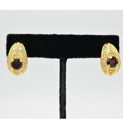 Vintage Crystal Dangle Earrings Gold Red Ruby Pave Rhinestone Shiny 80s BinW
