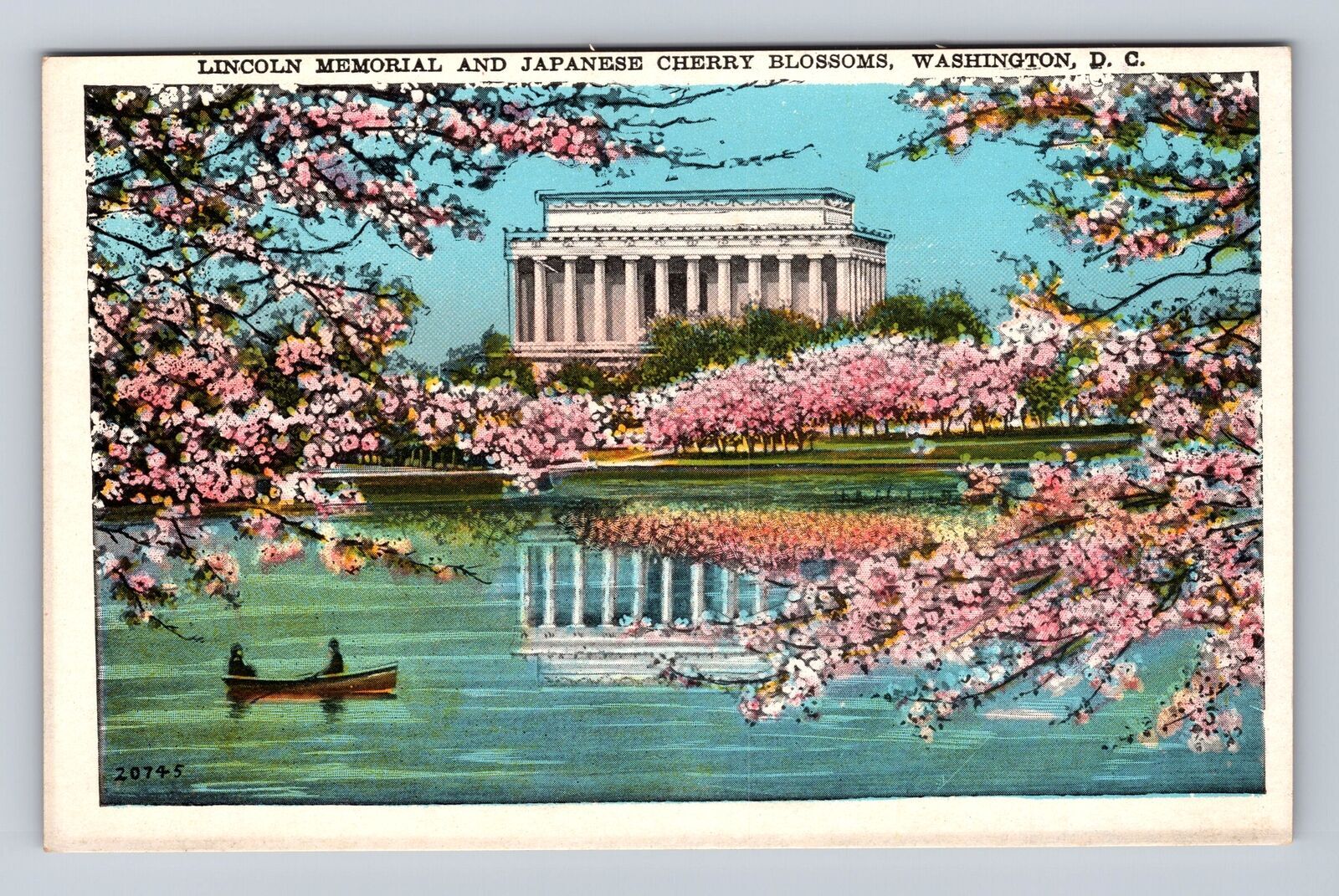 Vintage Postcard of Lincoln Memorial & Cherry Blossoms in Washington DC