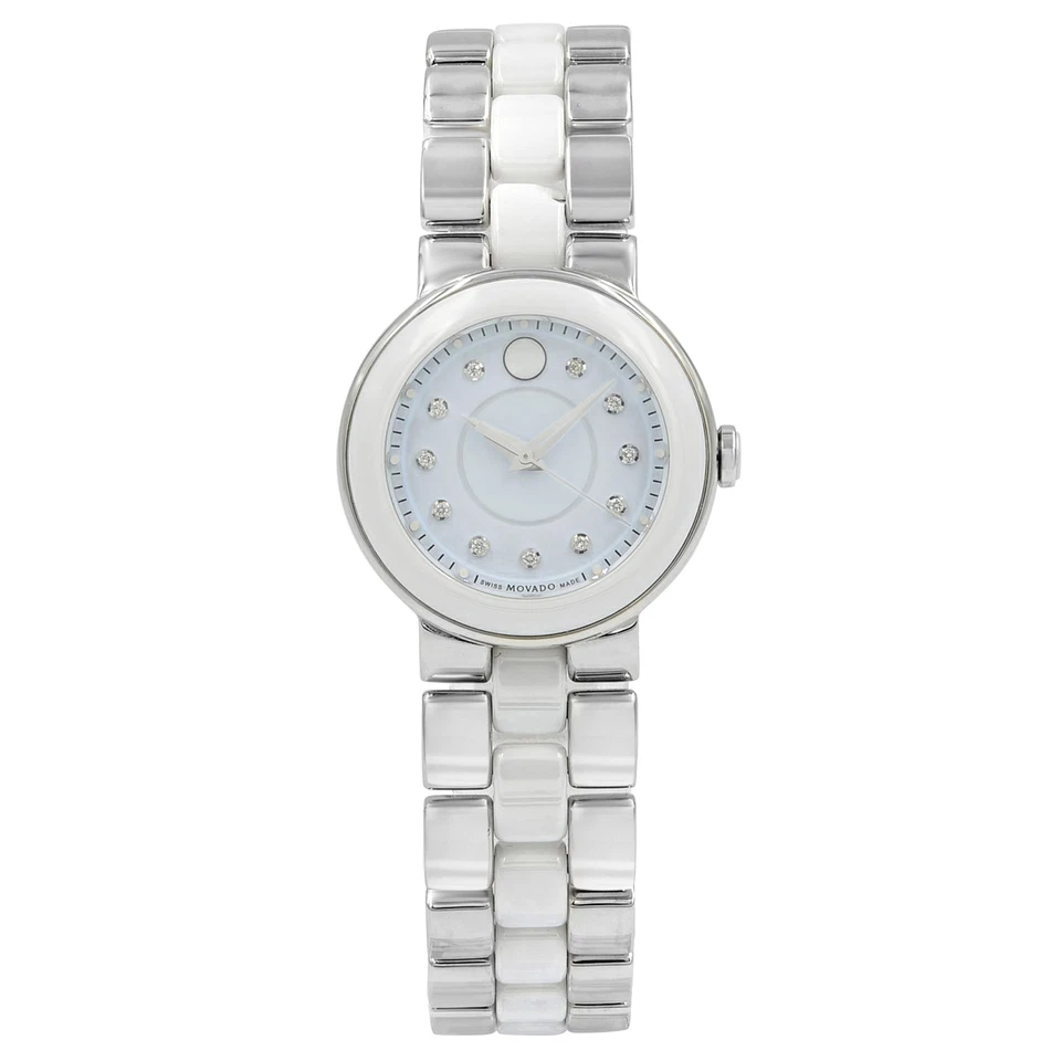 Movado Cerena White Dial Diamond Steel Ceramic Ladies Quartz Watch 0606930