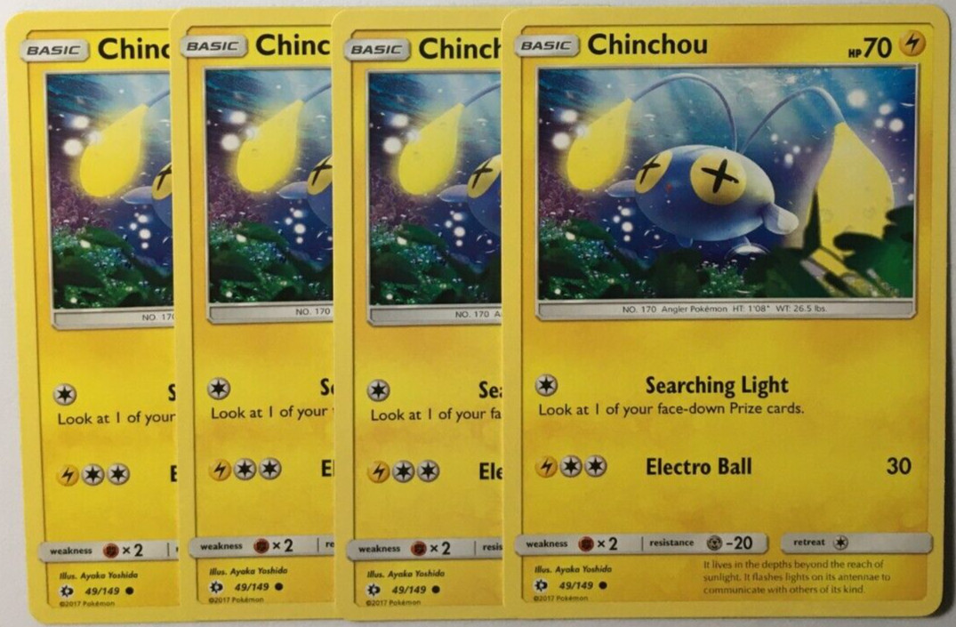 POKEMON 4X CHINCHOU 49/149 SUN & MOON BASE SET COMMON NEAR MINT-PLAYSET